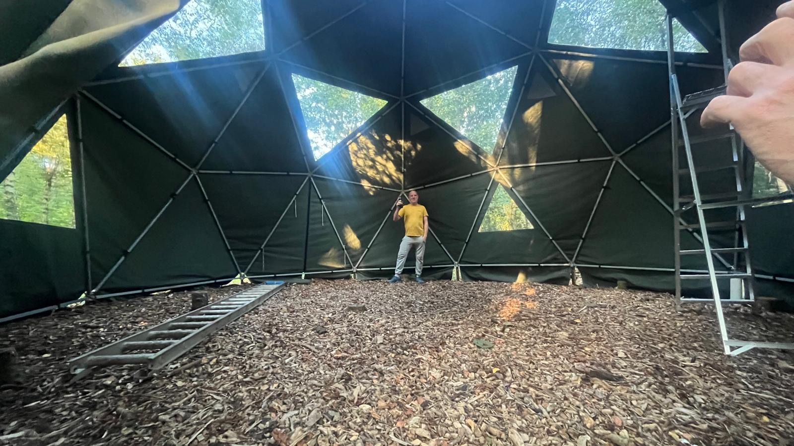 Interior of the finished bespoke fabric-covered geodesic dome