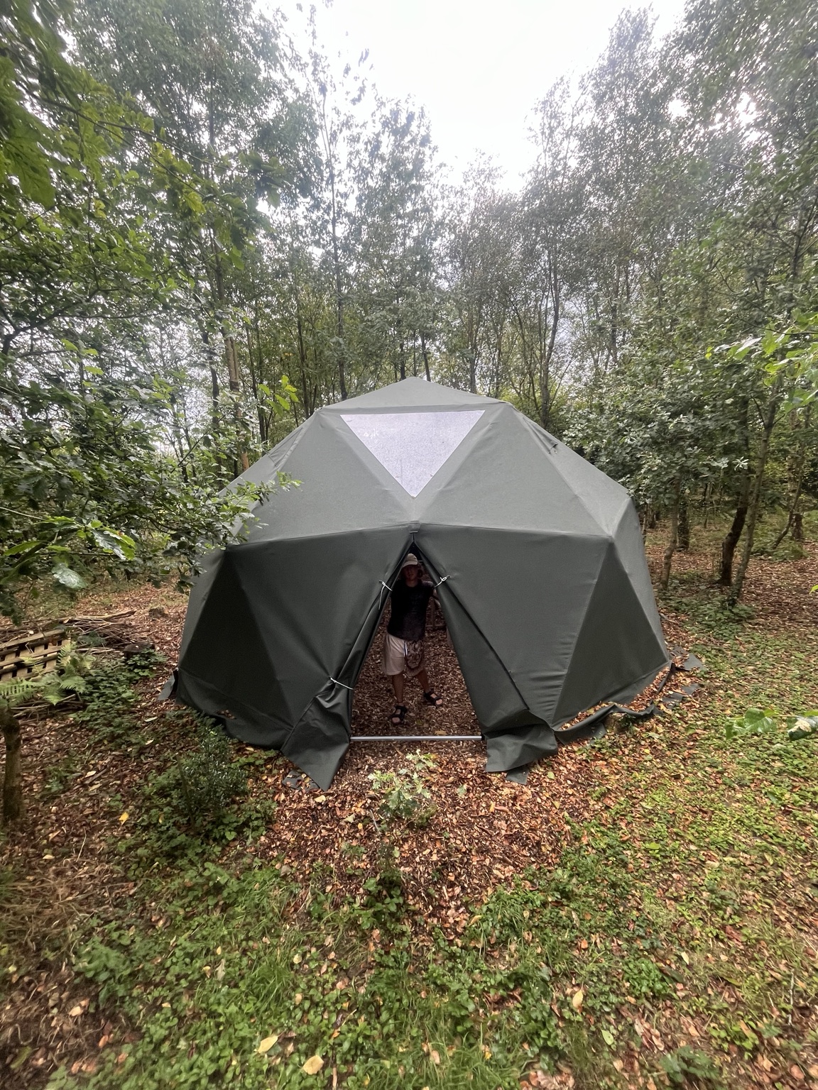 Finished bespoke fabric-covered geodesic dome in woodland