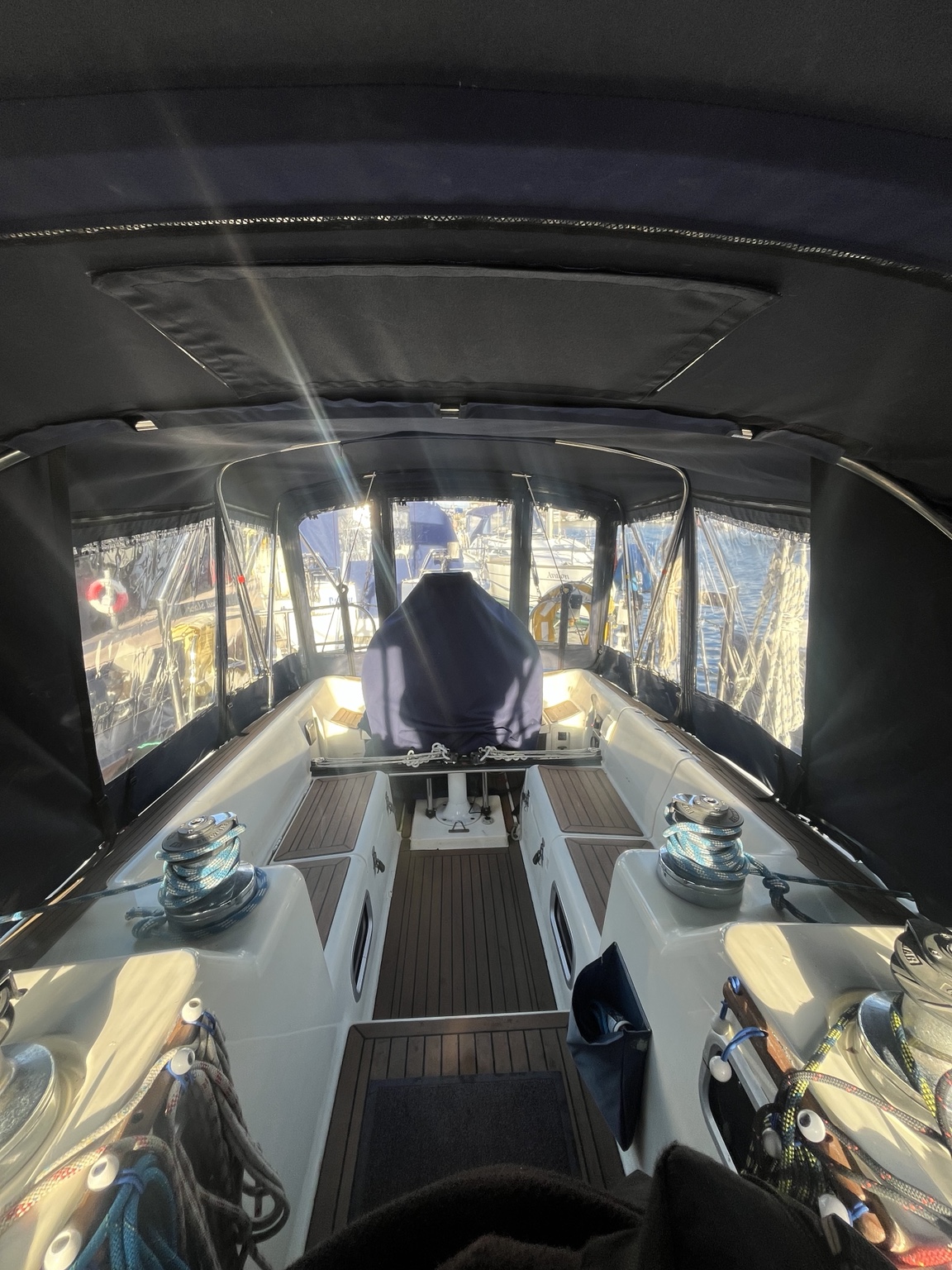 View aft from inside a large cockpit enclosure