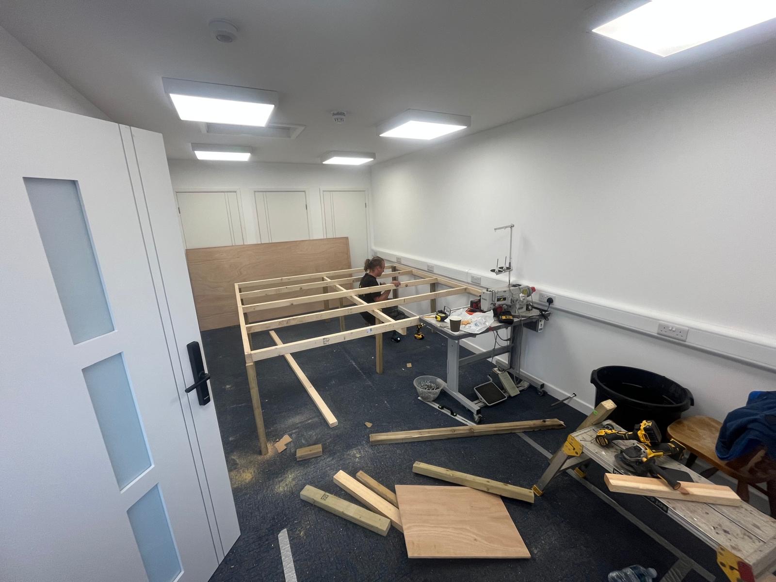 Building the timber frame for the sewing table in Sea Jay's new Pwllheli satellite unit